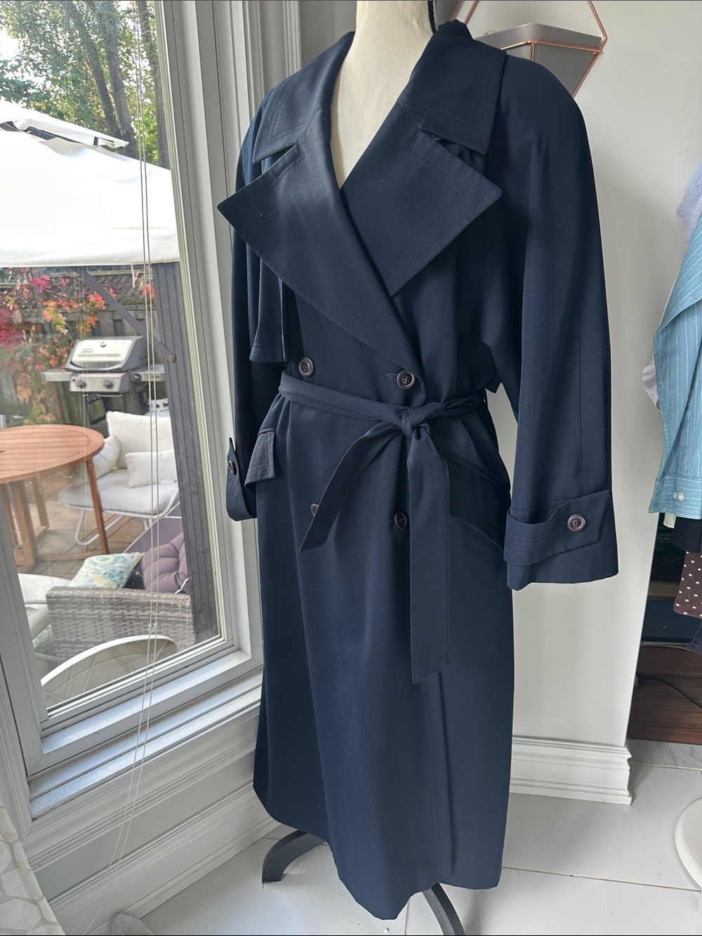 VINTAGE Classic Wool Women's Navy Blue Long Trench Coat Jacket with Belt Size 10